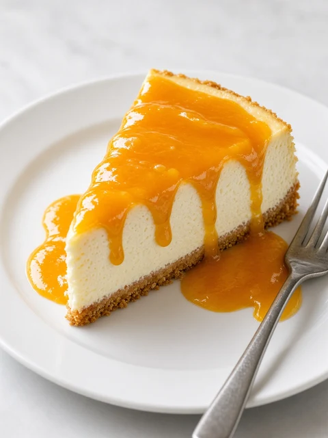 Cheesecake slice with mango coulis
