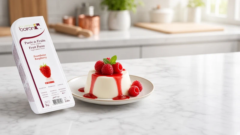 Vanilla panna cotta with raspberry coulis and a tub of Boiron Raspberry Fruit Puree