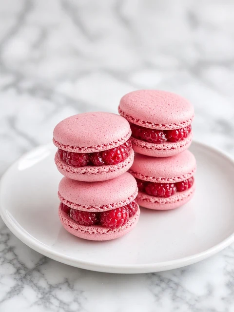 Raspberry macarons on a plate