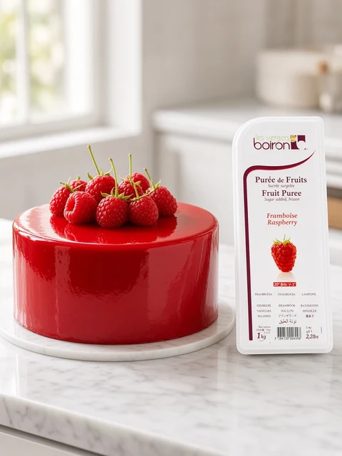 Raspberry mirror glaze entremet cake beside a tub of Boiron Raspberry Fruit Puree