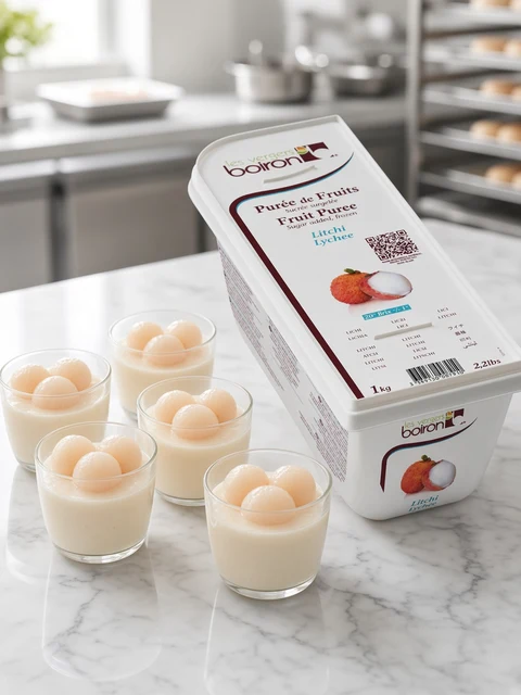 Lychee mousse cups topped with fresh lychees beside a tub of Boiron Lychee Fruit Puree