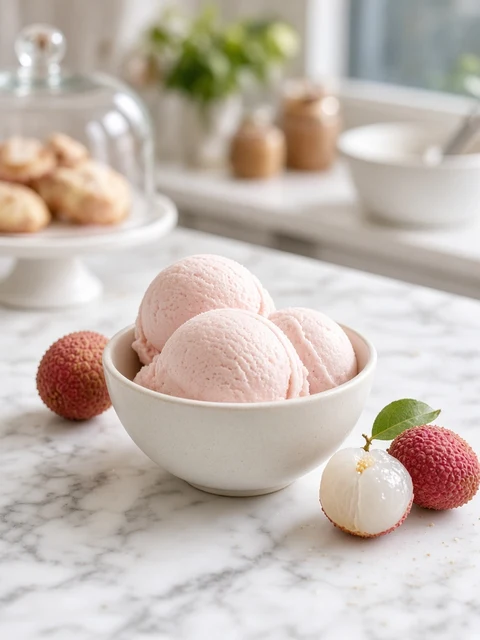 Scoops of lychee sorbet in a bowl