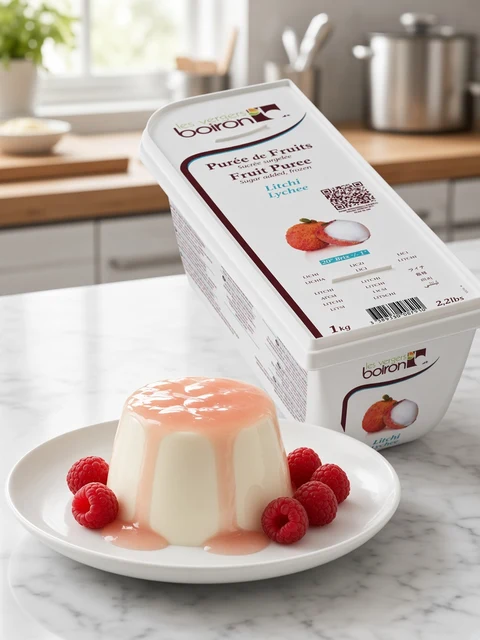 Panna cotta with lychee glaze and raspberries beside a tub of Boiron Lychee Fruit Puree