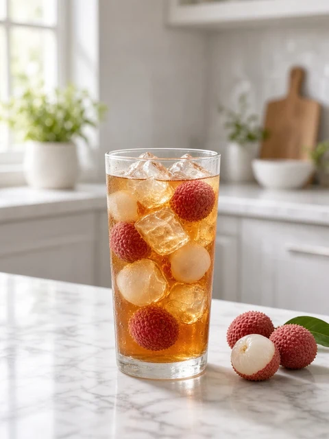 Tall tumbler of lychee iced tea with fresh lychees