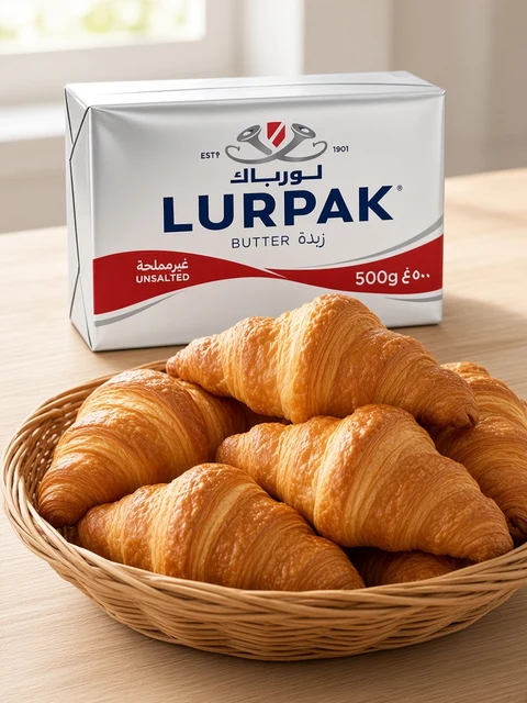 Basket of golden butter croissants beside a block of Lurpak Unsalted Butter