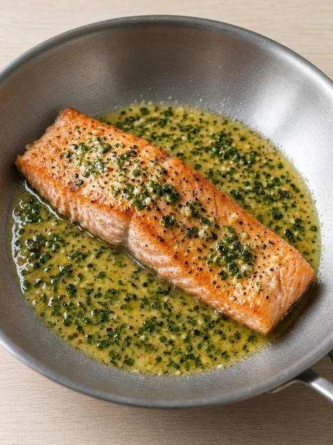 Fillet of salmon with butter herb sauce in a pan