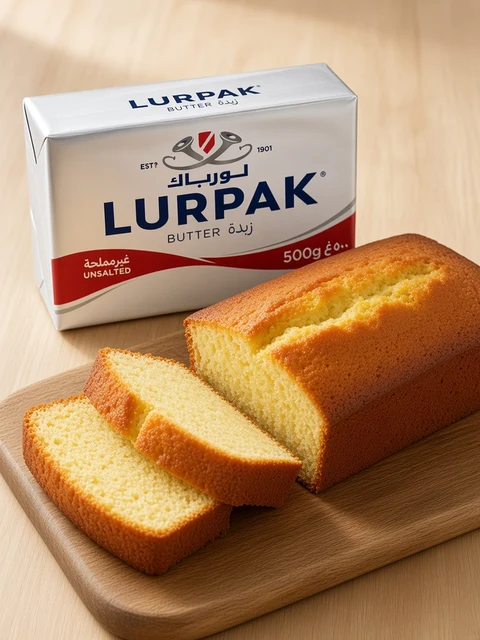 Sliced golden pound cake on a board beside a block of Lurpak Unsalted Butter