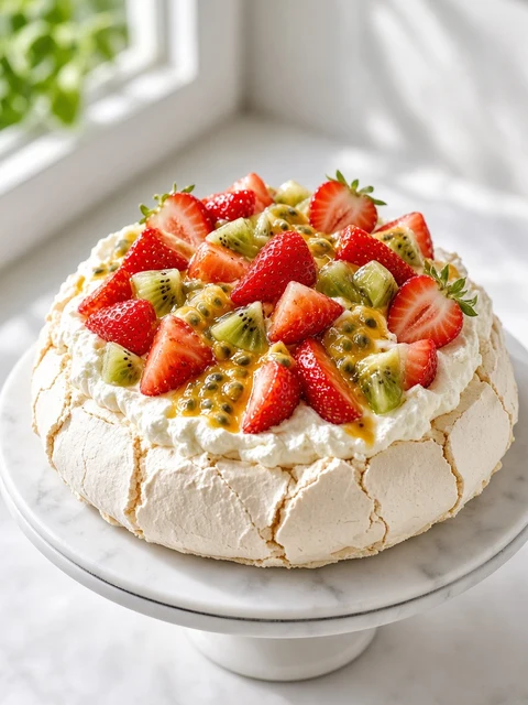 Pavlova topped with cream, strawberries, kiwi and passion fruit