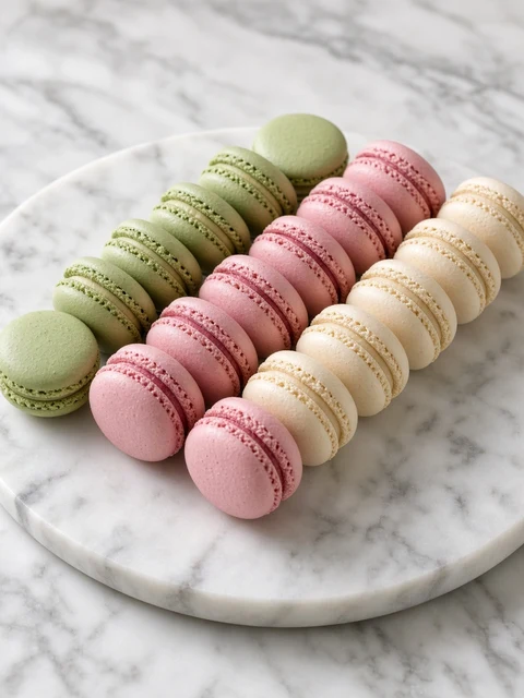 Rows of pastel macarons on a marble board