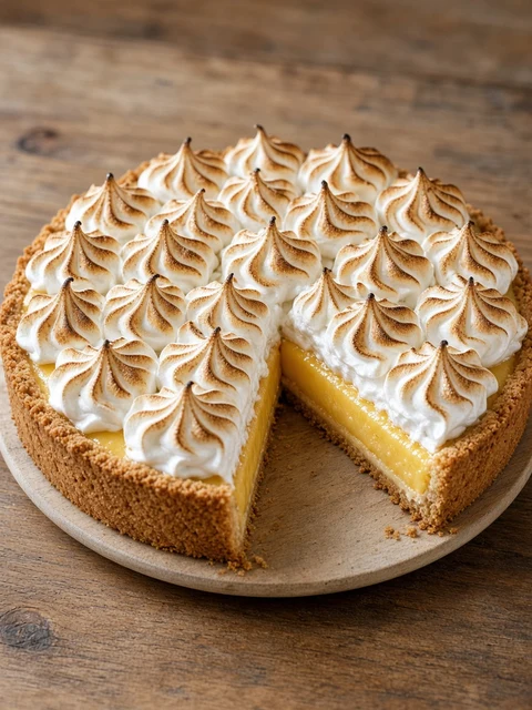 Lemon meringue pie with a slice cut