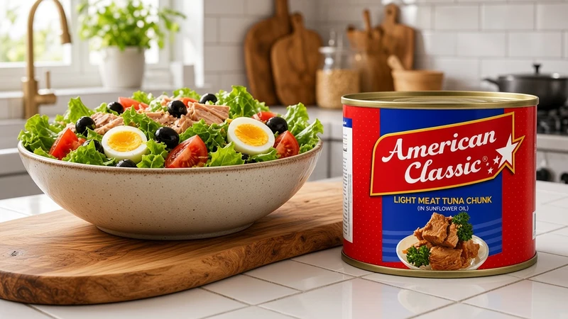 Bowl of tuna salad with lettuce, tomato, olives and egg and a tin of American Classic Light Meat Tuna Chunk