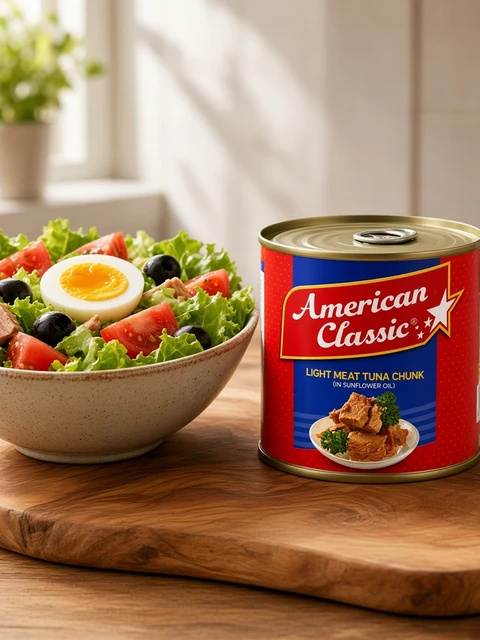 Bowl of tuna salad with lettuce, tomato, olives and egg beside a tin of American Classic Light Meat Tuna Chunk