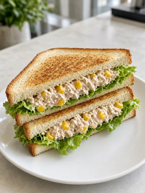 Toasted tuna and sweetcorn sandwich with lettuce cut in half