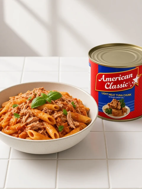 Bowl of penne pasta with flaked tuna and tomato sauce beside a tin of American Classic Light Meat Tuna Chunk