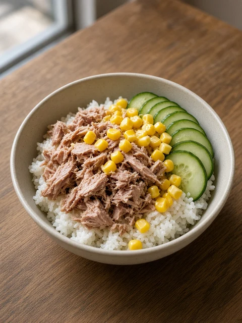 Rice bowl with flaked tuna, sweetcorn and cucumber