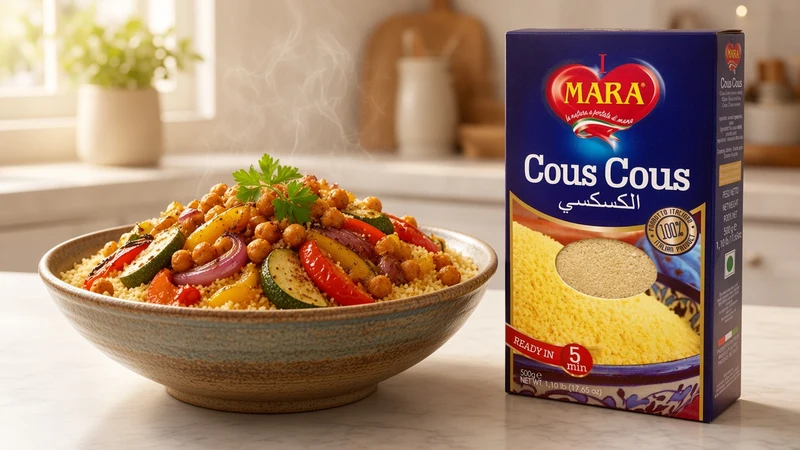 Cous cous salad with cucumber, tomato, herbs and lemon and a box of Mara cous cous