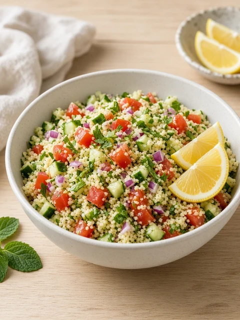 Cous cous salad with cucumber, tomato, herbs and lemon