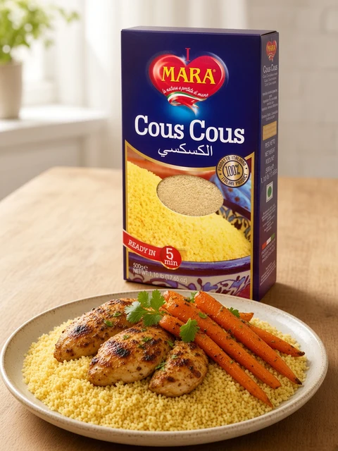 Cous cous with grilled chicken and roasted carrots beside a box of Mara cous cous