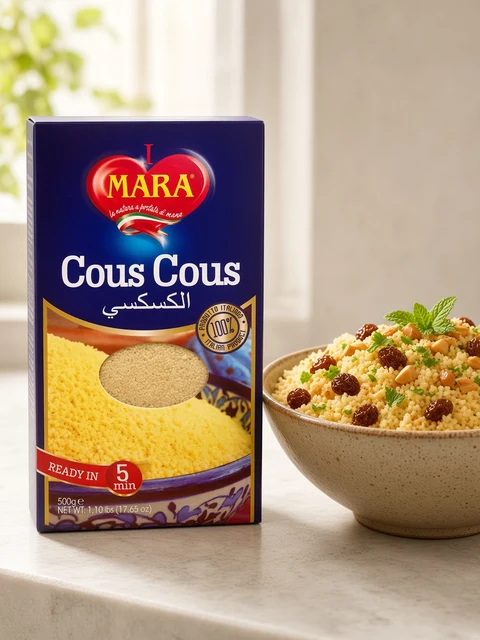 Cous cous with raisins, nuts and mint beside a box of Mara cous cous