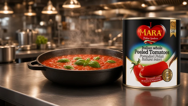 Spaghetti in tomato basil sauce with parmesan and a tin of Mara Italian whole peeled tomatoes