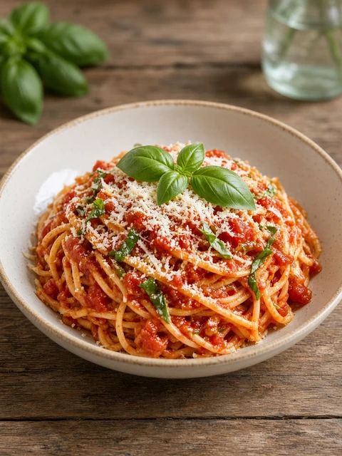 Spaghetti in tomato basil sauce with parmesan