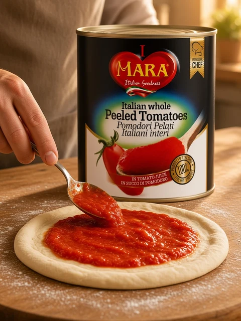 Tomato sauce spread on a pizza base beside a tin of Mara Italian whole peeled tomatoes