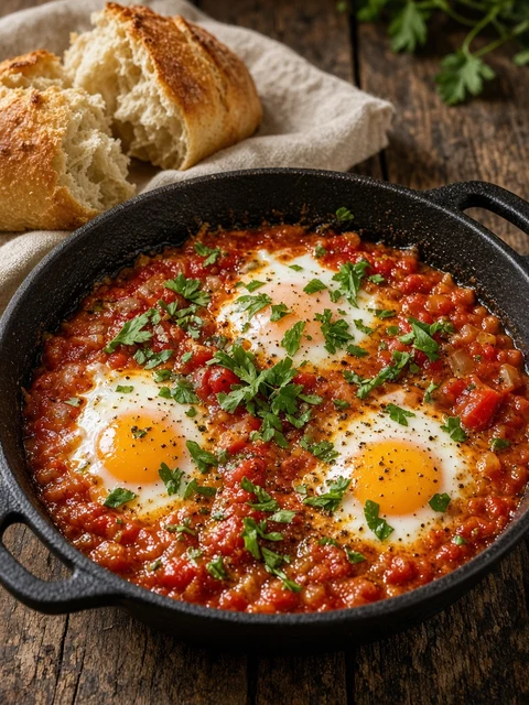 Pan of eggs poached in tomato sauce