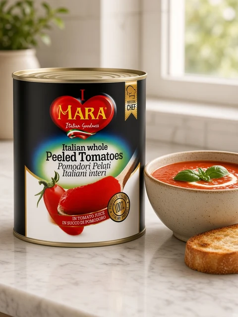 Bowl of tomato soup with basil and toast beside a tin of Mara Italian whole peeled tomatoes