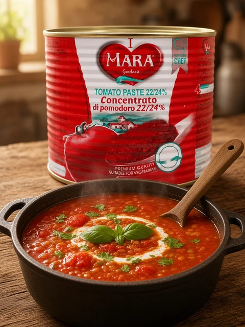 Pot of red lentil and tomato soup beside a tin of Mara tomato paste 22/24%
