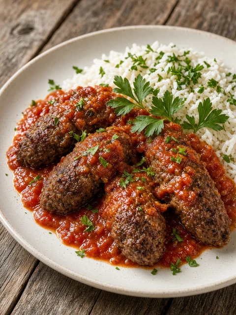 Beef kofta in tomato sauce with rice