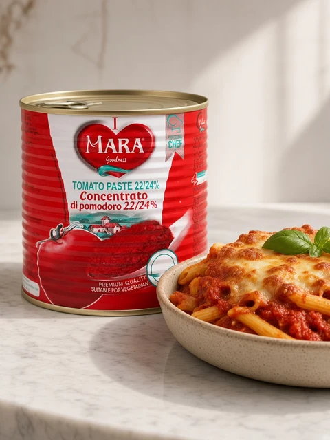 Baked pasta with tomato sauce and cheese beside a tin of Mara tomato paste 22/24%