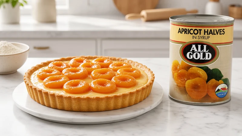 Apricot tart with glossy apricot halves on custard and a can of All Gold apricot halves in syrup