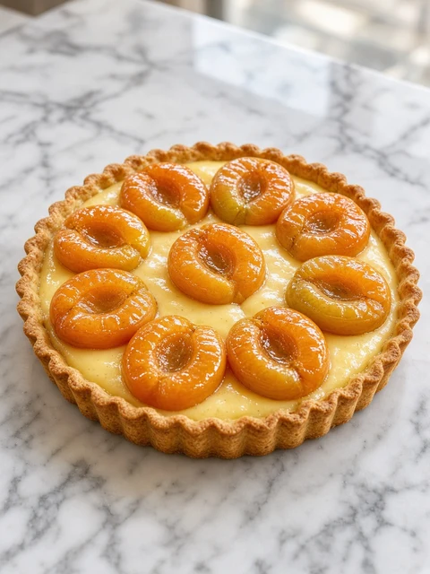 Apricot tart with glossy apricot halves on custard