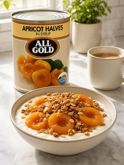 Bowl of yoghurt and granola topped with apricot halves beside a can of All Gold apricot halves in syrup