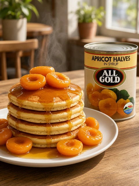Stack of pancakes topped with apricot halves and syrup beside a can of All Gold apricot halves in syrup