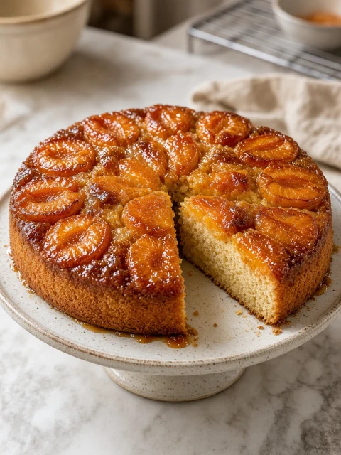 Apricot upside-down cake with caramelised apricot halves