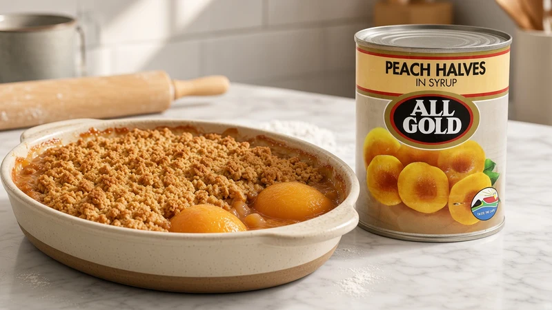 Peach crumble with a golden oat topping and a can of All Gold peach halves in syrup