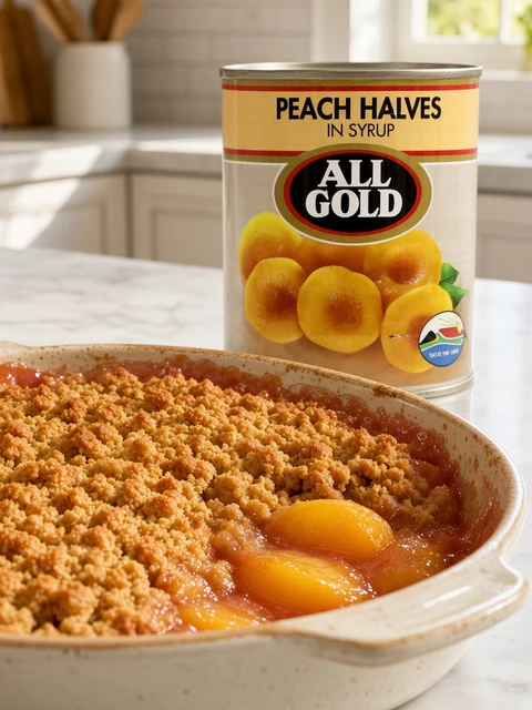 Peach crumble with a golden oat topping beside a can of All Gold peach halves in syrup