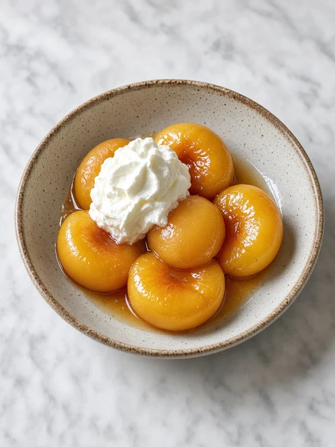 Bowl of peach halves with whipped cream