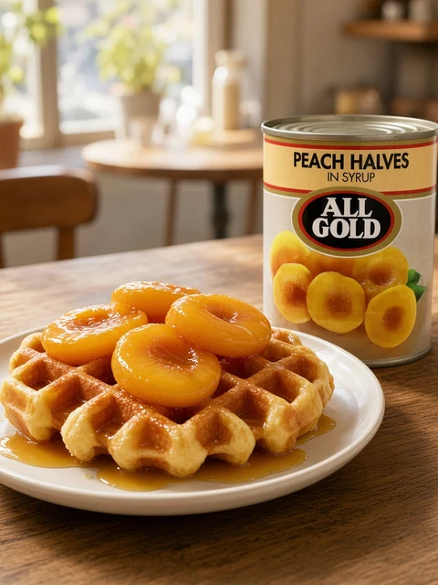 Waffles topped with peach halves and syrup beside a can of All Gold peach halves in syrup