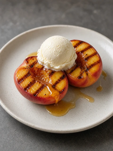 Grilled peach halves with a scoop of vanilla ice cream