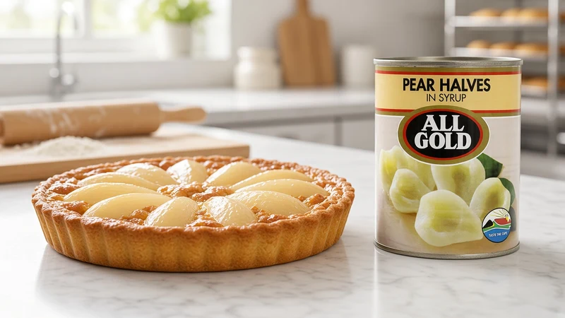 Pear frangipane tart with fanned pear halves and a can of All Gold pear halves in syrup
