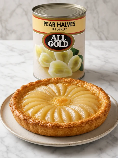 Pear frangipane tart with fanned pear halves beside a can of All Gold pear halves in syrup