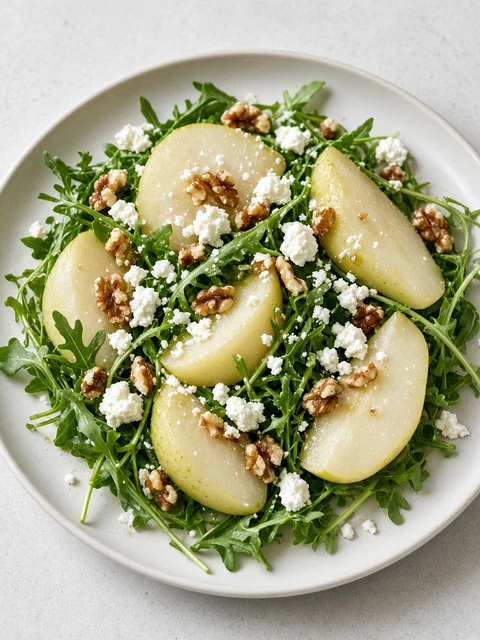 Salad of rocket, pear halves, walnuts and crumbled cheese