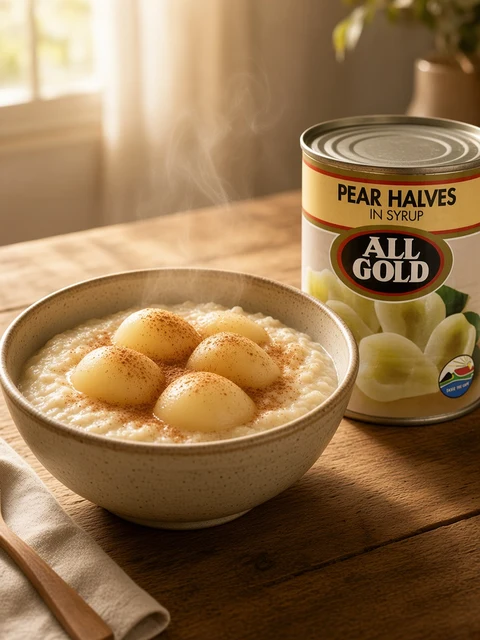 Bowl of porridge topped with pear halves and cinnamon beside a can of All Gold pear halves in syrup