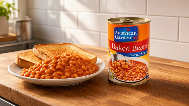 Plate of baked beans on buttered toast and a can of American Garden Baked Beans
