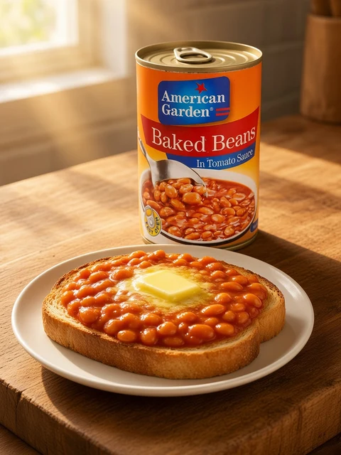 Plate of baked beans on buttered toast beside a can of American Garden Baked Beans