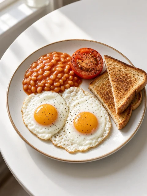 Breakfast plate with fried eggs, baked beans, grilled tomato and toast