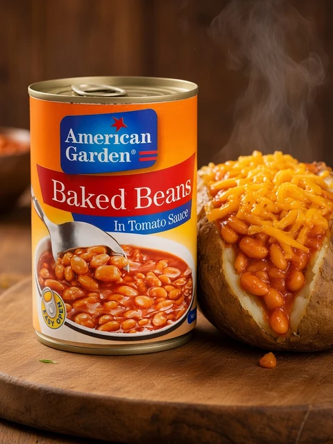 Baked jacket potato topped with baked beans and grated cheese beside a can of American Garden Baked Beans