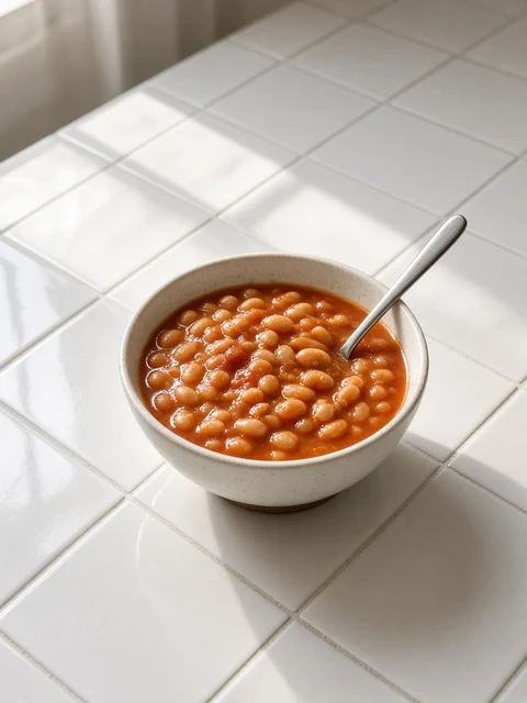Small bowl of hot baked beans in tomato sauce